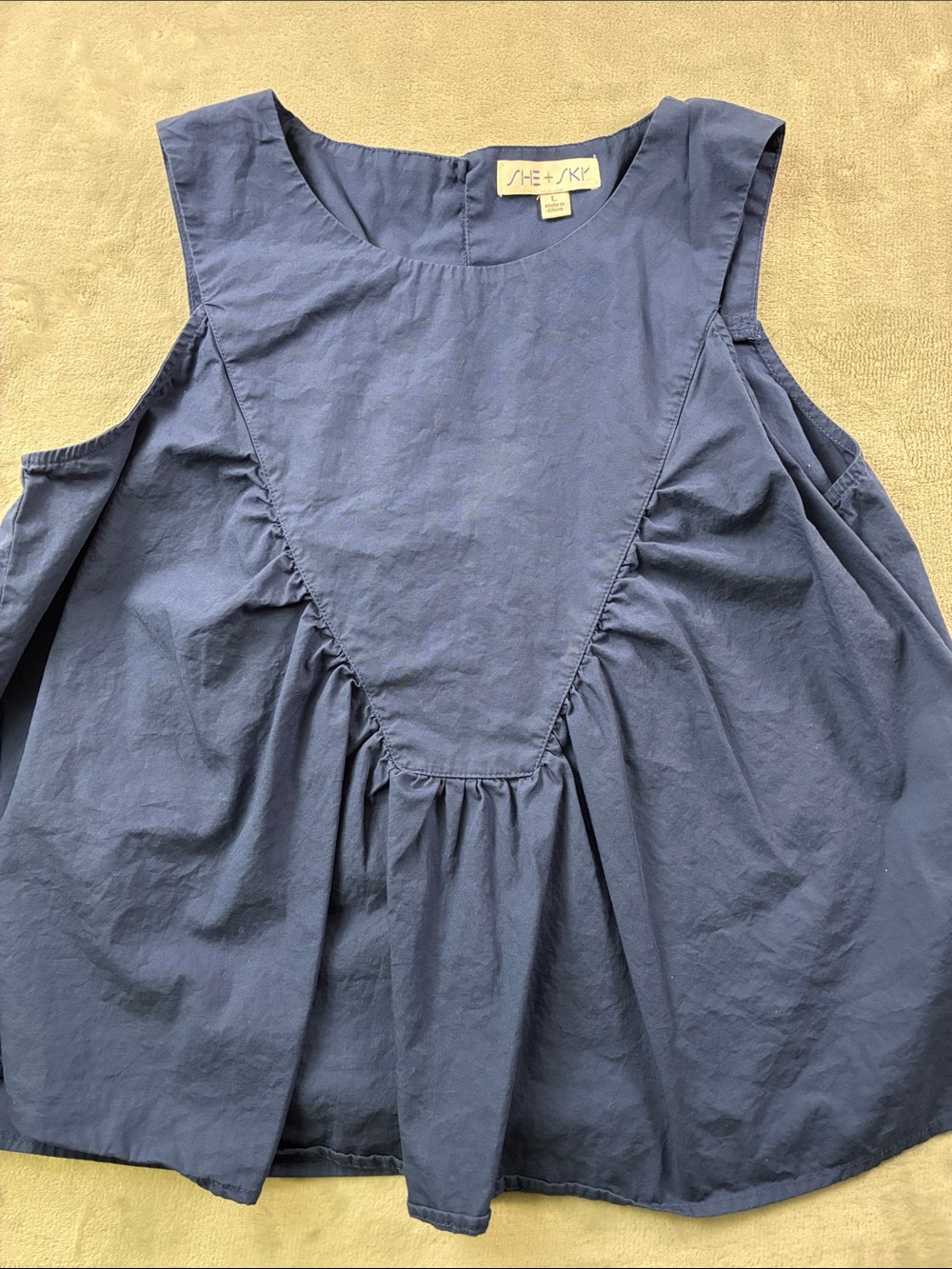 SHE + SKY Navy Blue Sleeveless Ruffle Bib Blouse Women’s Size Large